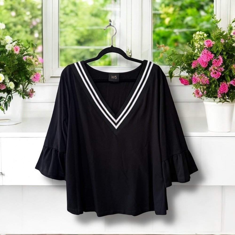 W5 Black Knit V-Neck Top with White Stripes